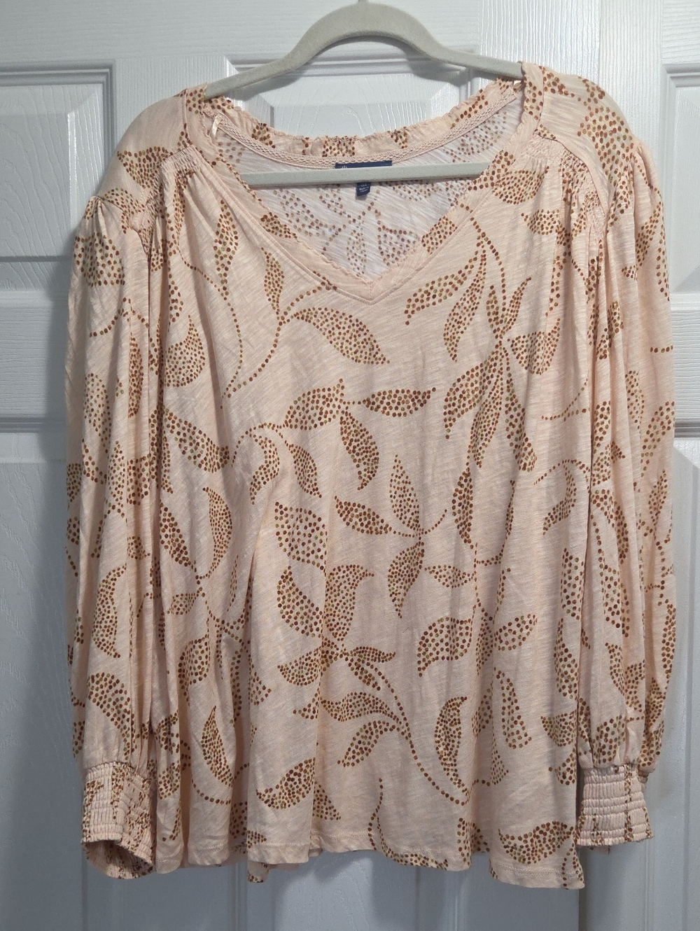 Democracy Peach V-Neck Top with Brown Leaf Print